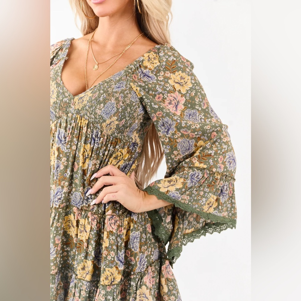 NWT Angie Clothing Boho Bell Sleeve Smocked Mini Dress - Picture 11 of 14